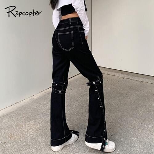 Rapcopter Rivet Bandage Jeans Y2K Black Flare Denim Pants Big Pockets Zipper Cargo Pants Women Hot New Trendy Jeans Streetwear