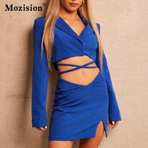Mozision Matching Set Blazer And Skirts Women England style Navel Exposed Short Empire Blazer Feminino Femme Two Piece Set