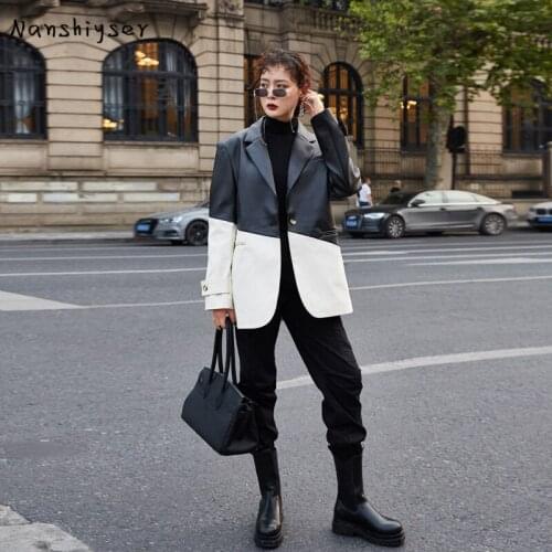 Women Vintage Suit Stitching Faux Washed PU Leather Jacket 2021 Autumn New Loose Streetwear Biker Jacket Female Jaqueta De Couro