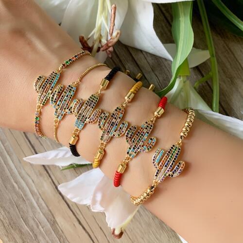 Gold Evil Eye Bracelet for Women 2019 CZ Rainbow Turkish Copper Inlay Zircon crystal Cactus Bracelet Girls Jewelry Handmade Gift