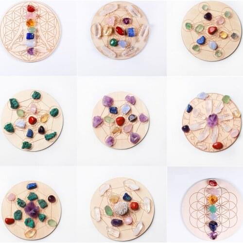7pcs/set Natural Crystal Mixed seven Chakra Healing Stone + Seven Star Array Wood Plate Gravel Chips Chakra Home Decoration
