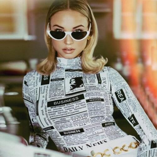 Newspaper Print Turtleneck Bodysuit Women Long Sleeve Bandage Romper Elastic Night Club Overalls Streetwear Skinny Outfits