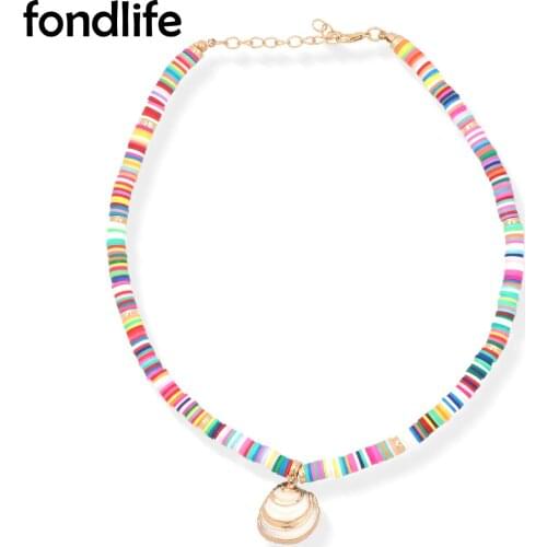 6mm Polymer Clay Heishi Beads Copper Shell Pendant Necklace Women Multicolored Tube Bead Boho Summer Nice Choker Jewelry Gift