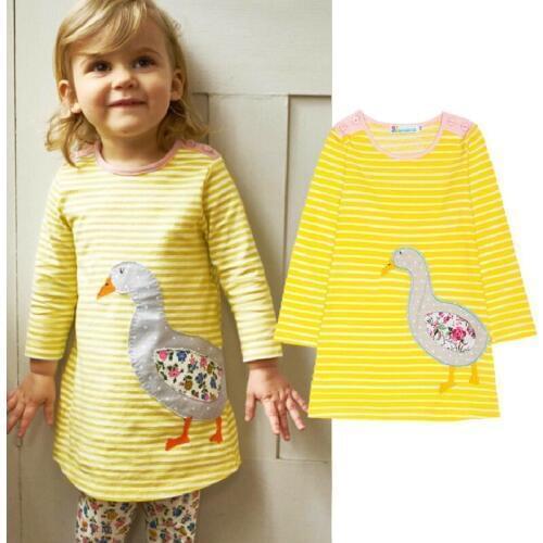 Hooyi Fashion Duck Baby Girls Dress Embroidery 100% Striped Cotton Yellow Children Clothes Girls Jumpers Bebe Vestidos 1-6Years
