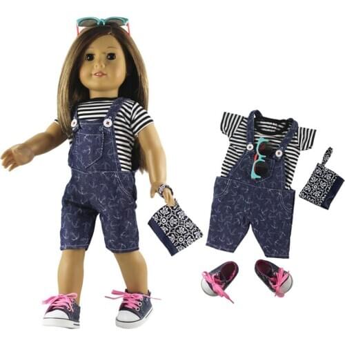 Denim Casual clothing Doll Clothes for 18'' American Doll Handmade T-shirts+Suspenders