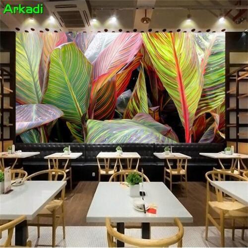 Southeast Asian style mural hand-painted oil painting tropical plant flamingo banana leaf TV background wallpaper