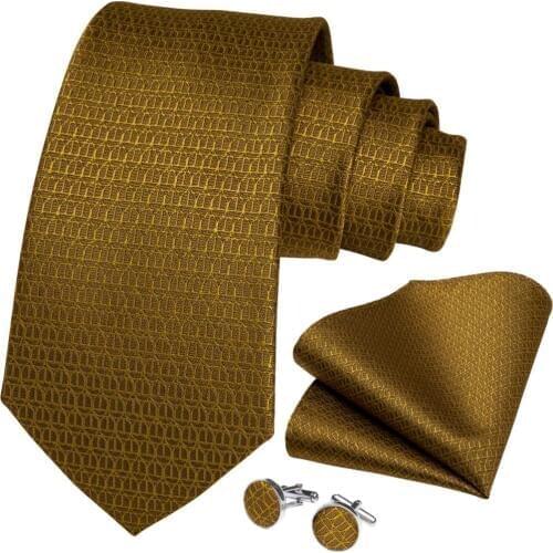 Quality Men Tie Gold Solid Novelty Design Silk Wedding Tie for Men Handky cufflink Gift Tie Set DiBanGu Party Business SJT-7341