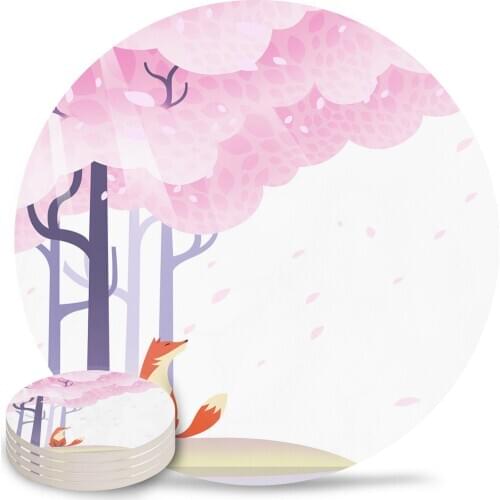 Illustration Cherry Blossom Fox Ceramic Coasters Waterproof Tea Cup Mat Christmas Home Decor Coasters for Glasses