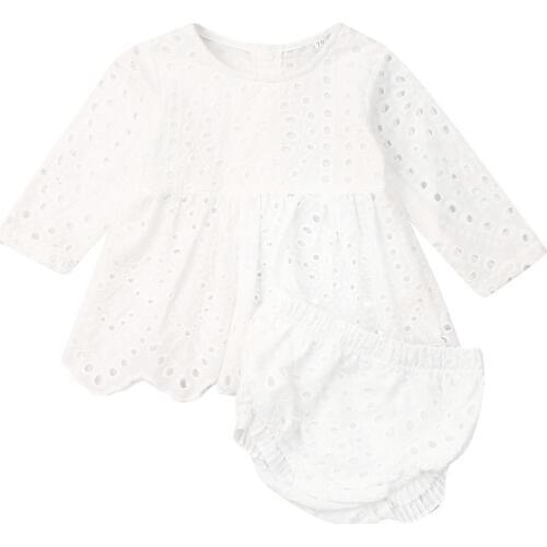0-24M Infant Baby Girl Clothes Sets White Lace Openwork Long Sleeve Tutu Shorts Outfits Clothes