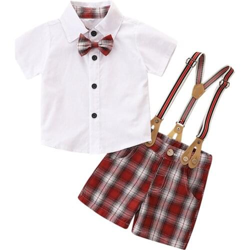 Summer Gentelman Boy Clothes Sets Toddler Infant Baby Button Short Sleeve Lapel Bowknot Shirt Suspender Shorts 2pcs Outfits Suit