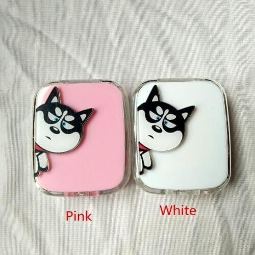 LIUSVENTINA DIY Acrylic Cute Pet Dog Siberian Husky Contact Lens Case with Mirror Box Container for Color Lenses Gift for Girls