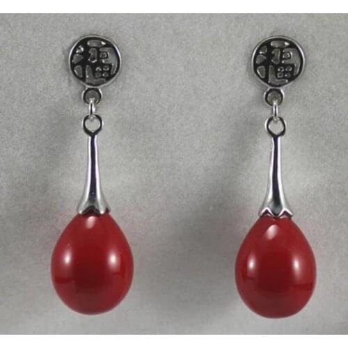 Fashion style metallic silver plated lucky word water drop red shell pearl earrings size;12x16MM