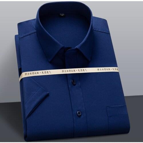 2021 Men Summer Shirts Casual Short Sleeve Solid Square Collar Non-iron Regular Male Social Business Dress Shirt