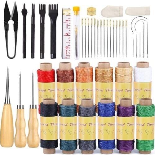 LMDZ 46Pcs Leather Repair Kit, with 12 Color Waxed Thread, Sewing Needles, Leather Stitching Punch, Awls and Other Tools