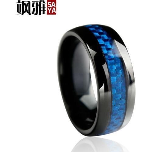 New Arrival Casual 8mm Width Dome Mens Black Tungsten Rings Wedding Band With Blue Carbon Fiber Inlay Size 7-12 Free Shipping