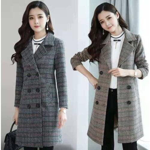 Autumn Winter Wool Women Plaid Jackets Blends double breasted Long Coats Casual Lady Slim Long Sleeve Jacket Plus Size