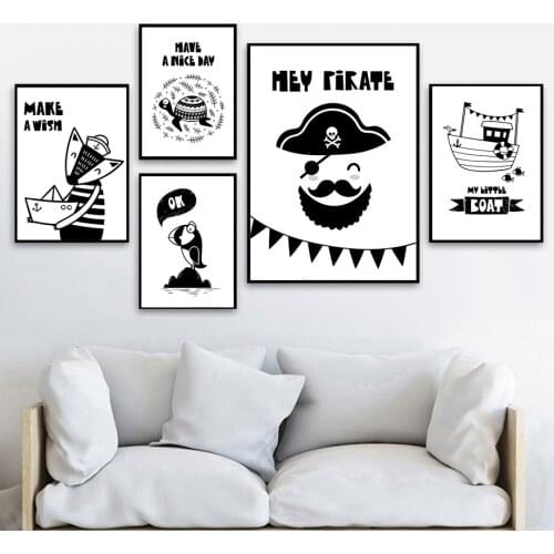 Pirate Sea Turtle Boat Bird Black White Wall Art Canvas Painting Nordic Posters And Prints Wall Pictures Baby Kids Room Decor