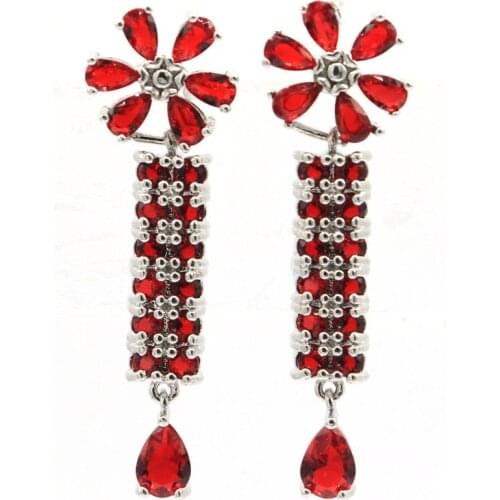 73x9mm Anniversary Long Silver Earrings For Ladies Created Fire Rainbow Blue Topaz CZ Wedding Dating