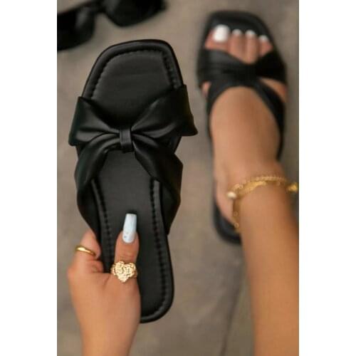 Women Summer Large Heel Flat Bottom One Line Bow Slippers Fashion Flip Flops Roman Plus-size Flat Slippers Shoes