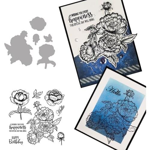 Happy Birthday Peony Blossoms Flowers Stamps Cutting Dies Templates for DIY Scrapbooking Album Transparent Silicone Decorative