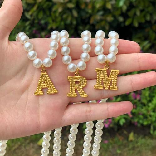 Vintage Pearl Necklace for Women Initial A-Z White Pearl Chain delicate Necklace Stainless Steel Gold Pendant Wedding Jewelry
