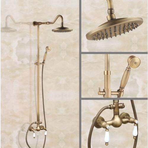 Vintage Retro Antique Brass Wall Mounted Bathroom 8" Round Rain Shower Head Faucet Set Dual Ceramic Handles Mixer Tap man513