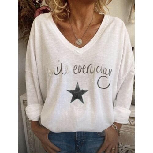 Star Letters Printed Long Sleeve V Neck Loose T-shirt Women Spring Autumn Fashion Casual Plus Size Pullovers Tops Basic Camiseta
