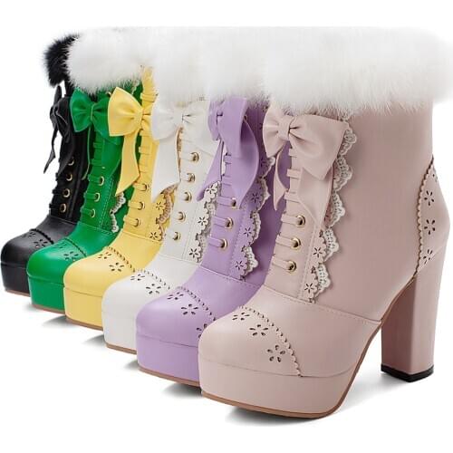 2020 Big Size 48 Warm Plush Winter High Heel Boots Female Zip Sweet Butterfly-knot Platform Women Ankle Boots Shoes