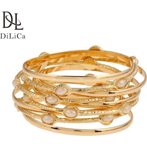 DiLiCa Layered Bohemian Bracelets for Women Imitation Pearl Alloy Bangle Bracelet Gold Color Vintage Boho Bracelet Jewelry
