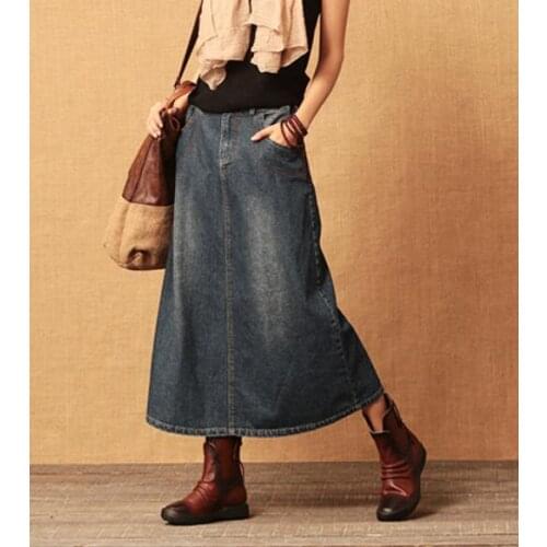 Women Elastic Waist Bleached Retro Denim Skirts Ladies Vintage Denim Skirt Female Spring Autumn Denim Skirt