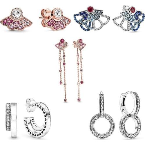 925 Sterling Silver Pan Earring Blue & Pink Fan Statement Stud Earrings For Women Wedding Party Jewelry