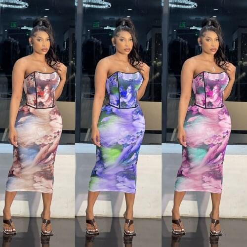 Women Sexy Wrapped Chest Print Dress Sets Off Shoulder Strapless Bodycon Two-piece Suit British Style Summer Fashion 2 PC Sets