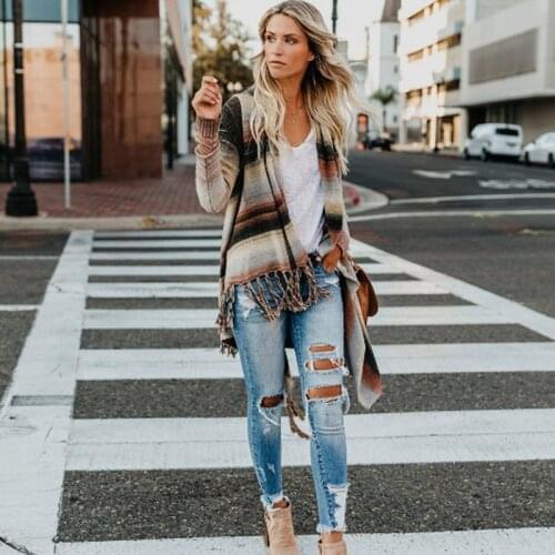 Women Long Poncho Sweater 2021 Winter Striped Shawl Tassel Coat Long Sleeve Knitted Sweater Cardigan Plus Size Fringe Sweater