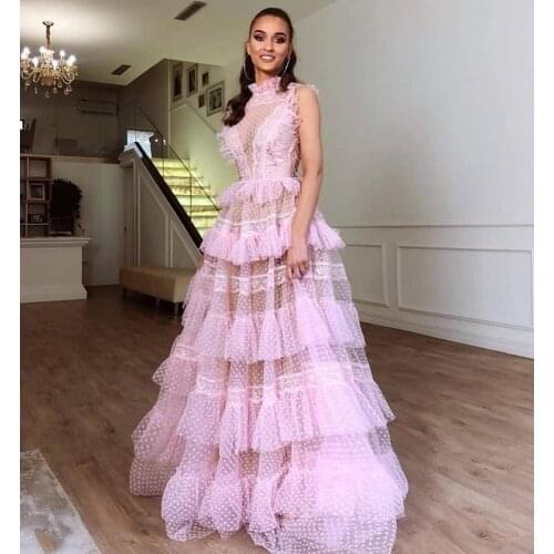 Lovely Pink Long Prom Dresses A-Line Transparent Evening Dresses Women Party Night Robe De Soiree Kaftan Couture Vestidos Custom
