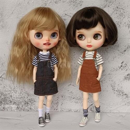1/6 BJD Causal Stripped T-shirt Suspenders Skirt Blyth Doll Dress for Barbies Clothes Accessories