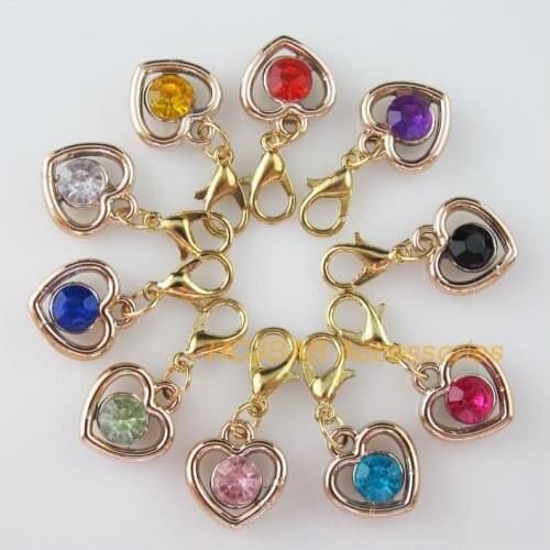 10 New Heart Charms With Lobster Claw Clasps KC Gold Color Mixed Crystal 13x14mm
