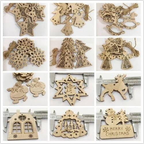 10pcs Creative Wooden Crafts Christmas Tree Holiday Decoration Diy Wood Chip Ornaments Pendant To Send Hemp Rope