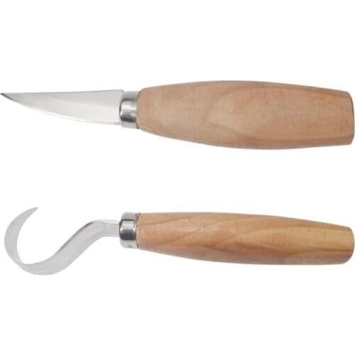 2Pcs/Set Stainless Steel Wood Carving Cutter Woodwork Sculptural DIY Wood Handle Spoon Hook Carving Knife Woodcut Art Craft Tool