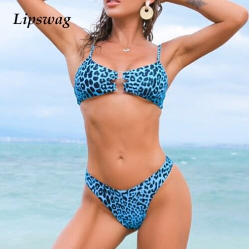 Women Sexy Print Leopard Two Piece Swimsuit 2021 Brazil Push Up Splicing Bikini Swimwear Bandage Hollow Out Beach Bathing Suit