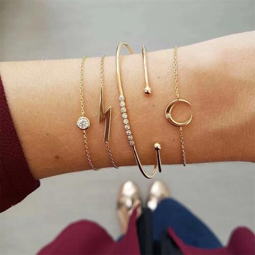 HOCOLE Fashion Crystal Moon Geometric Chain Gold Bracelet Set Bohemian Charm Open Bracelet Bangles Female Wedding Party Jewelry