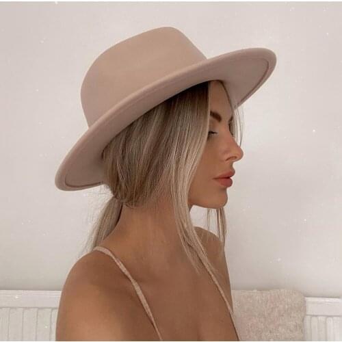 Classical Wool Felt Wide Brim Fedora Hat Pearl Belt Pink Solid Caps Men Women Winter Derby Wedding Church Jazz Hats