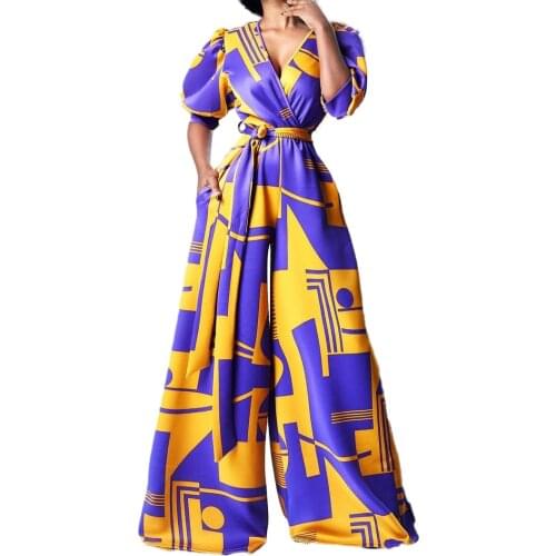 Elegant Women Rompers High Waist V-neck Printed Loose Wide Leg Pants African Jumpsuit 2021 Summer Short Sleeve Overalls Vestidos
