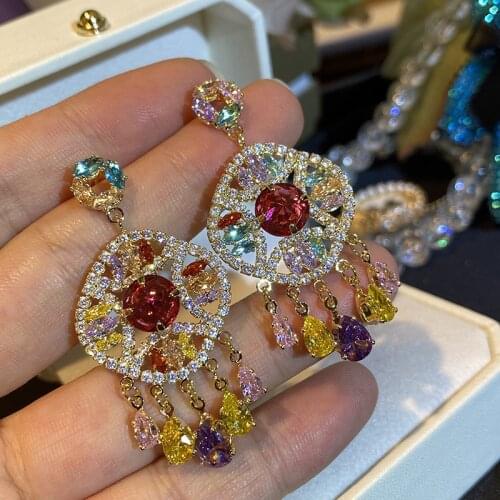 Colorful Classic Cubic Zirconia Flowers Tassel Earring Water Droplets Fashion Party Jewelry Designer Modern Geometric Charms