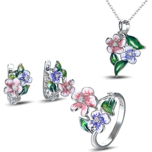 Enamel Jewelry Sets Women Silver Color Delicate Pink Flower Handmade Jewelry kit