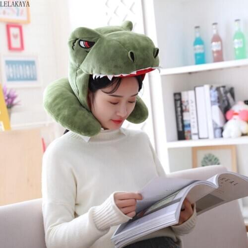 New Small Animals Dinosaur Hooded U-shaped Pillow Multi-function neck pillow With Hat Cute Cartoon Headgear Dress Accessories