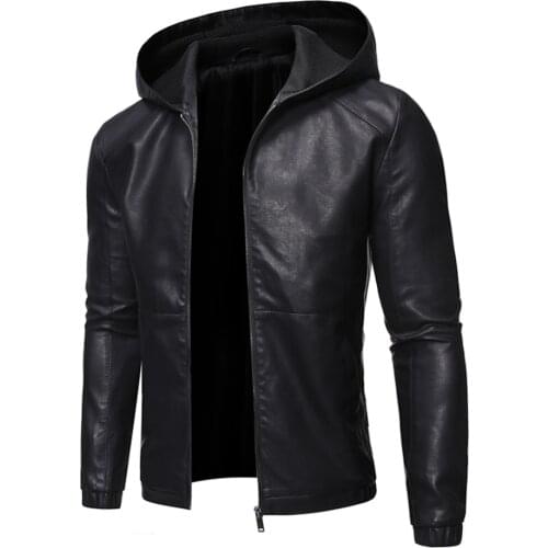 Faux Leather 2020 Spring and Autumn New Mens Solid-color Hooded Motorcycle Slim Long Sleeve Zipper Mens Leather Jacket