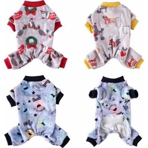 Pet Christmas Outfits Cartoon Pattern Soft Fleece 4-legged Pajamas Costume Small & Medium Dog Cat Cold Weather Jumpsuit Sweater