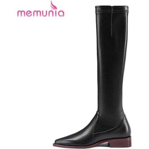 MEMUNIA Cow Leather Boots Fashion Hot Sale Knee High Boots Zipper Square Heels Women Boots Hand Made Retro Winter Female Shoes