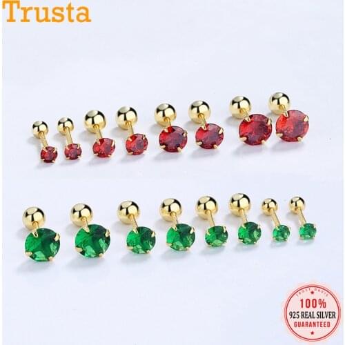 Trustdavis Real 925 Sterling Silver Fashion Shiny 3/4/5/6mm Green Red CZ Screw Stud Earrings For Women Wedding Jewelry DA2270
