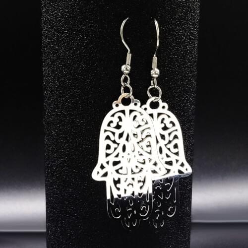 2021 Stainless Steel Dangle Earrings for Women Fashion Silver Color Hamsa Hand Earrings for Women Jewelry aretes largos E612266